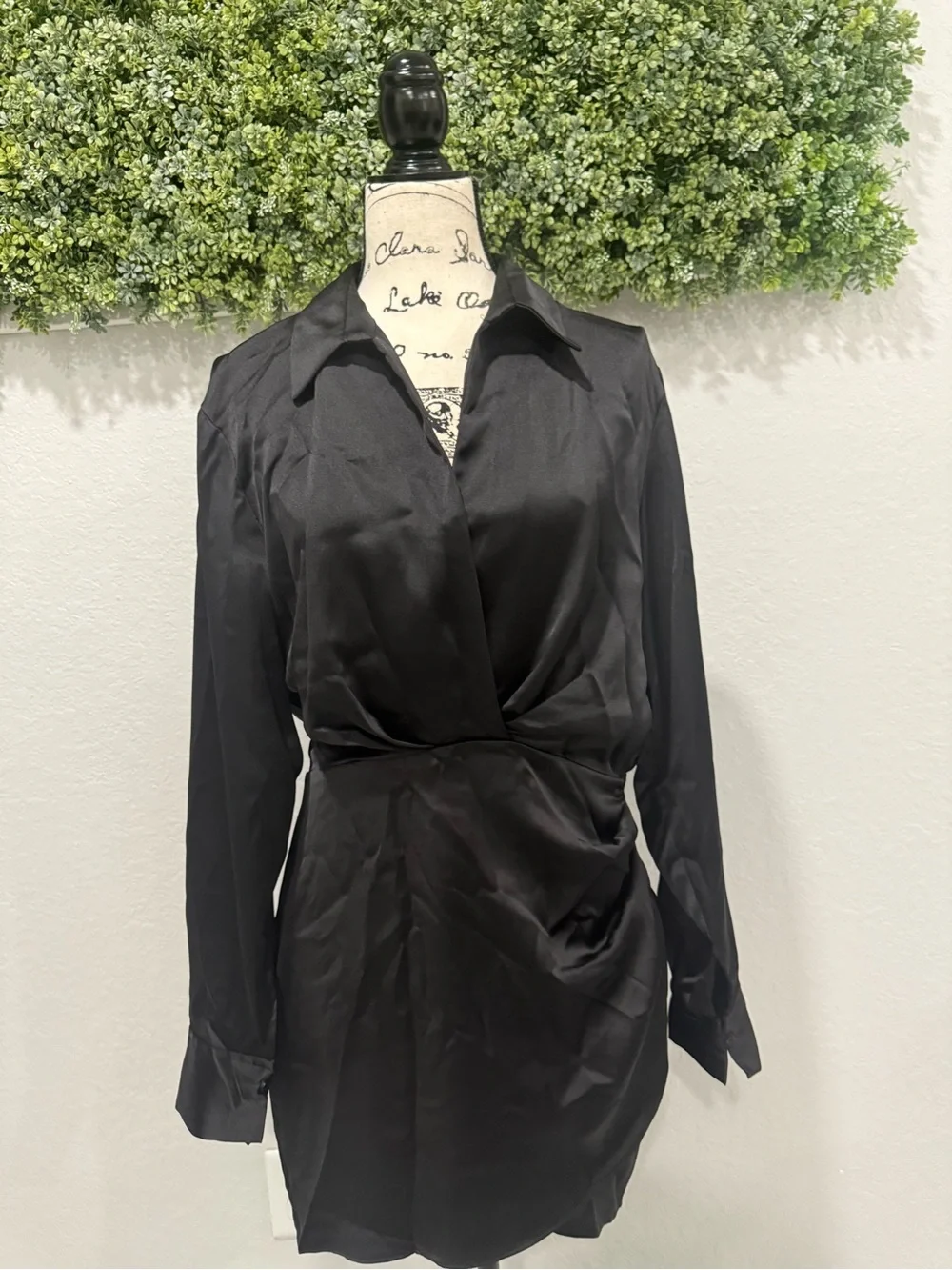 Zara Black Satin Wrap Shirt Mini Dress Long Sleeve Size L NWT